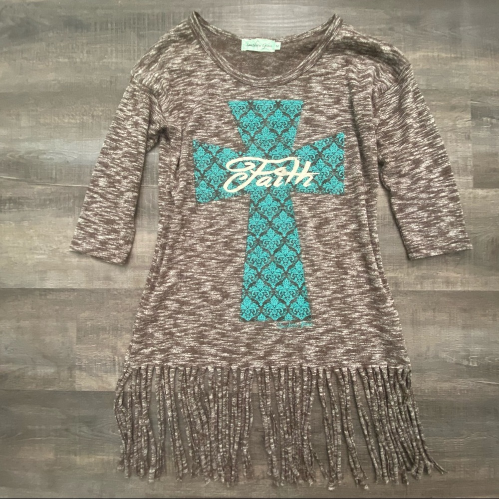 Southern Grace boutique faith cross fringe top medium